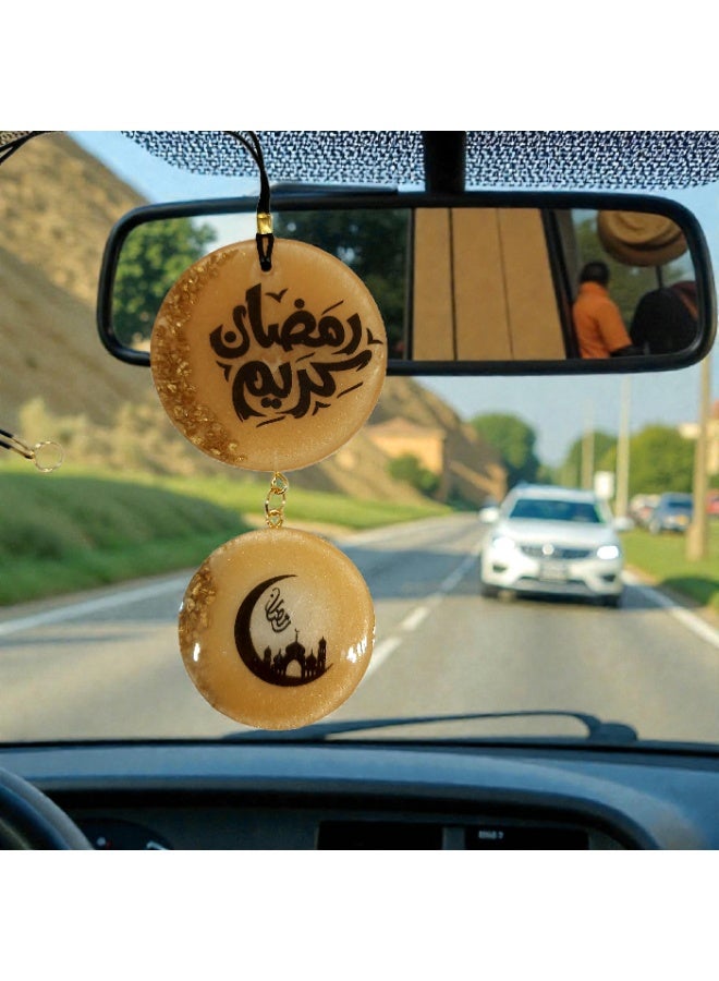 تعليقة سيارة رمضانية بتصميم إسلامي، زينة رمضان كريم مع هلال ومسجد، لون ذهبي - Image 2